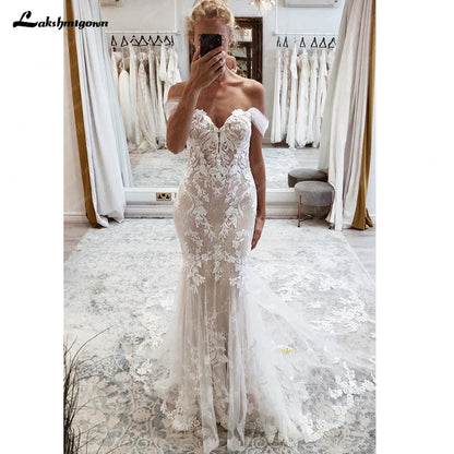 Roycebridal Lace Boho Wedding Dress 2025 Off The Shoulder Sweetheart Appliques Cut Out Long Train Vestido de novia corte sirena