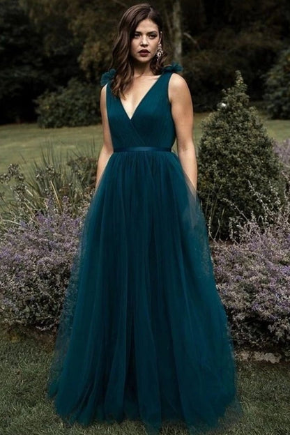 Fall V Neck Emerald Wedding Guest Dresses 2024 Tulle Bridesmaid Dresses