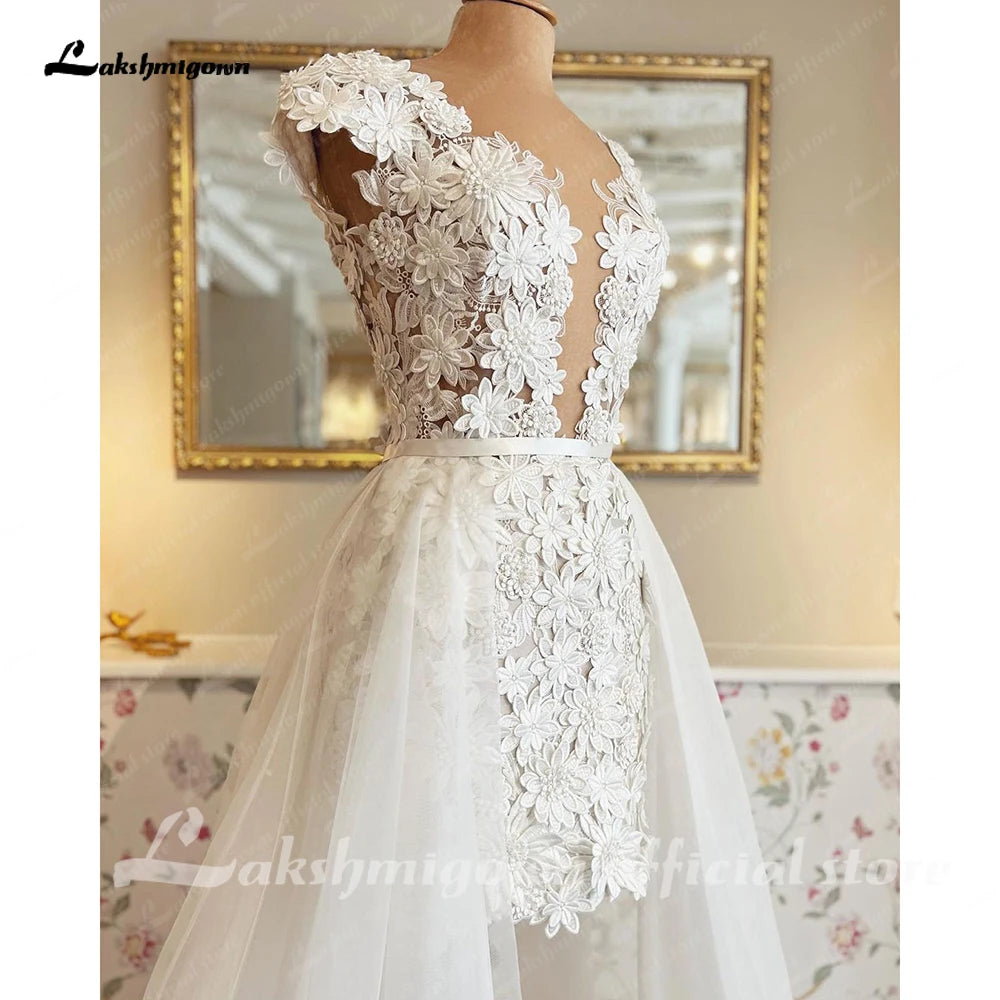 Roycebridal Elegant Ivory Short Wedding Dresses with Wedding Overskirt Detachable Train Tulle Bridal Skirt vestido de casamento