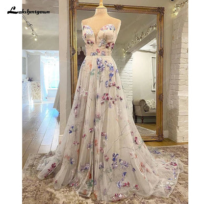 Roycebridal Print Flower A-Line Lace Applique Wedding Dress For Women Sleevless Sweetheart Bridal Gown for Bridal  Vestido