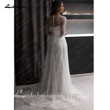 Roycebridal Boho A-line Beach Wedding Dress See Through Sleeves Sweep Train Bridal Dress Custom Made Bridal Gowns