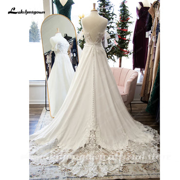 Roycebridal Off Shoulder Sheer Illusion Lace Boat Neck Wedding Gown for Women Appliques Princess Bridal Gown Robe Boheme Femme