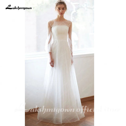 Roycebridal Simple A-line Long Sleeves Wedding Dress Minimalistic Mesh Straight-cross Illusion Sheer Lace Gown