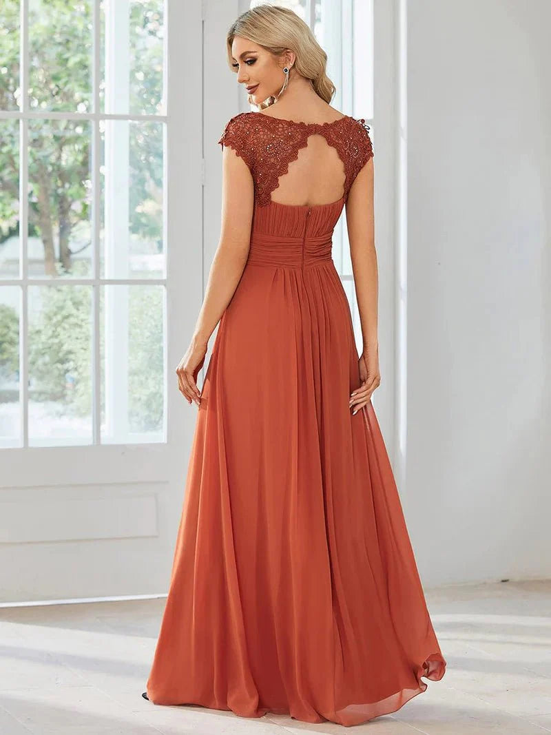 Allanah cap sleeve lace and chiffon bridesmaid dress in darker colors - Bay Bridal and Ball Gowns