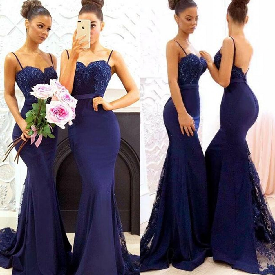 Sexy Spaghettis Straps Lace Dark Navy Bridesmaid Dresses