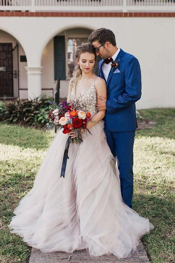 Ball Gown Beaded Bodice Deep V-neck Wedding Dresses, Bridal Gown, MW622 | beach wedding dresses | ball gown | beaded wedding dresses | www.musebridals.com