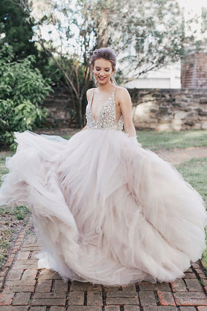 Ball Gown Beaded Bodice Deep V-neck Wedding Dresses, Bridal Gown, MW622 | beaded wedding gown | cheap wedding dress online | bridal gown | www.musebridals.com