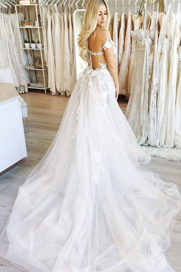 Ball Gown Off the Shoulder Open Back Lace Long Wedding Dresses,Fairy Wedding Gowns,MW420 | musebridals.com