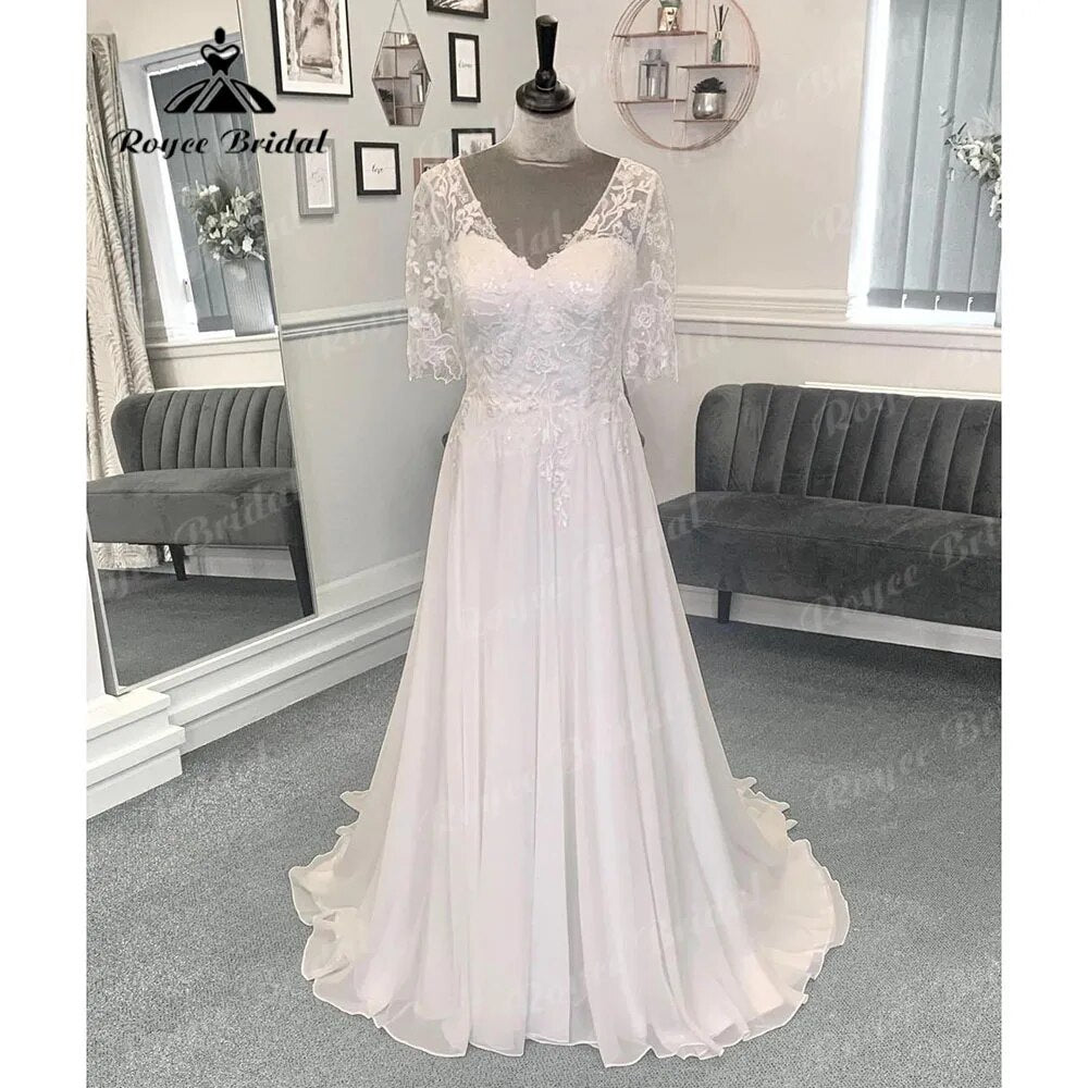 Beach Lace Bodice Chiffon V Neck Women Backless Wedding Dress with Short Sleeve 2024 Bridal Gown Sweep Vestido Novia Roycebridal