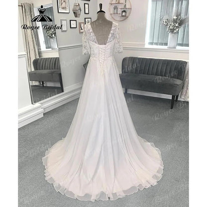 Beach Lace Bodice Chiffon V Neck Women Backless Wedding Dress with Short Sleeve 2024 Bridal Gown Sweep Vestido Novia Roycebridal