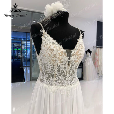 Roycebridal Beach V Neck Lace Bodice Chiffon Wedding Dress Spaghetti Straps Sweep Train 2025 A Line Boho robe de réception de mariage