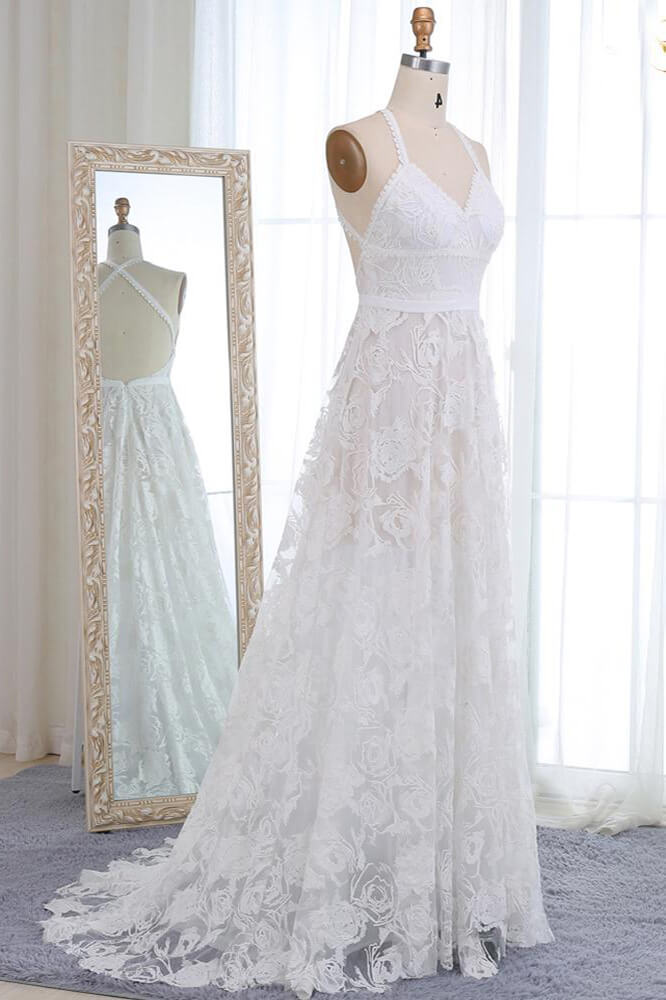 Beautiful A-line V-neck Lace Straps Long Wedding Dresses, Bridal Dress, MW523 | lace wedding dress online | bridal dress stores | cheap wedding dress | beach wedding dresses | www.musebridals.com