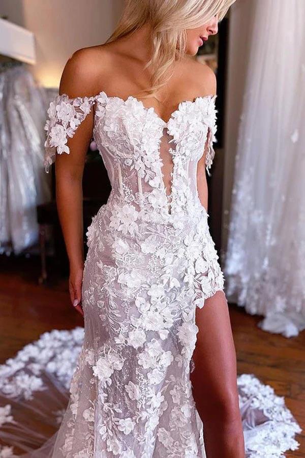 Beautiful Lace Mermaid 3D Flowers Boho Wedding Dresses With Slit, MW1006 | wedding dresses near me | tulle wedding dress | beach wedding dress | musebridals.com