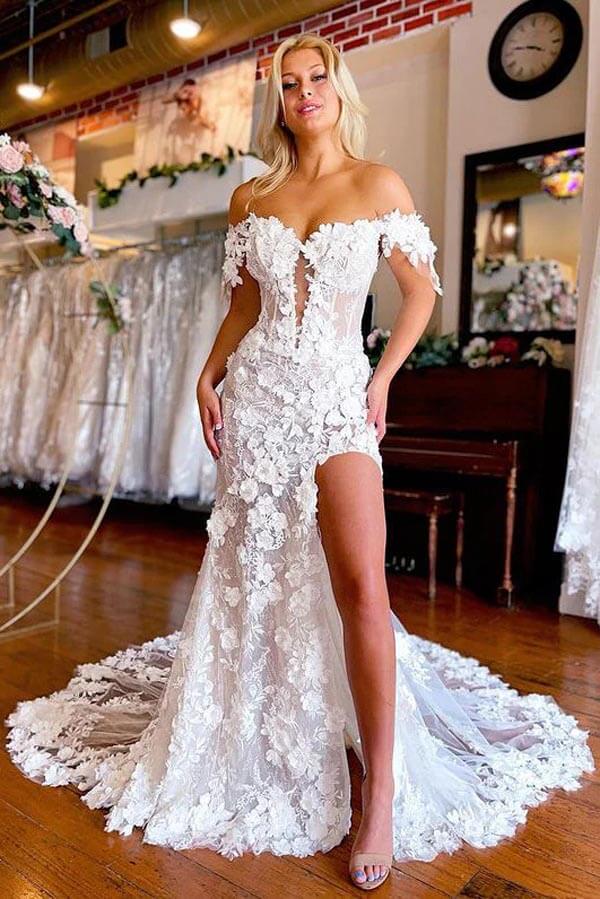 Beautiful Lace Mermaid 3D Flowers Boho Wedding Dresses With Slit, MW1006 | cheap lace wedding dress | vintage wedding dress | wedding gown | musebridals.com