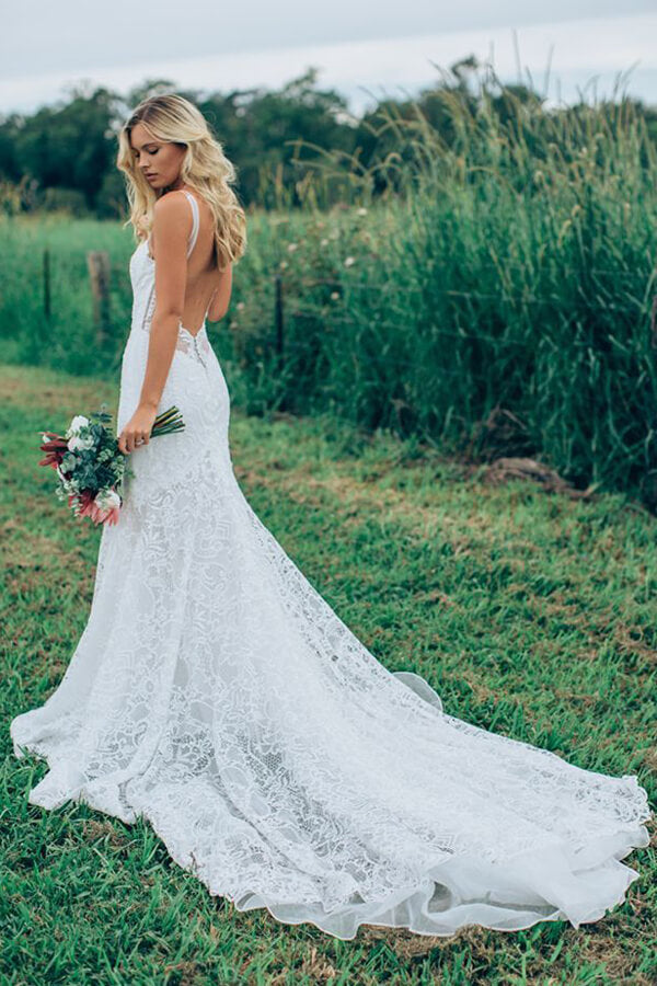 Beautiful Lace Sheath V Neck Wedding Dress, Bridal Dress With Train, MW528 | lace wedding dresses | bridal gowns | wedding gowns | vintage wedding dresses | cheap wedding dresses online | www.musebridals.com