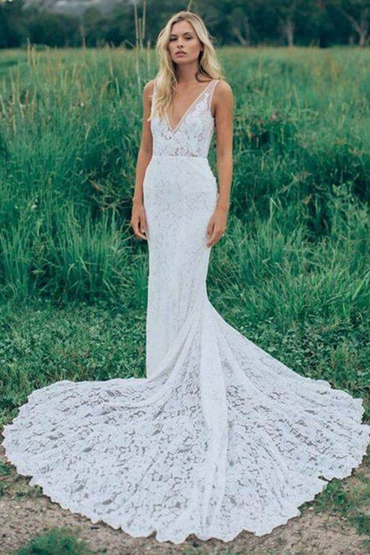 Beautiful Lace Sheath V Neck Wedding Dress, Bridal Dress With Train, MW528 | beach wedding dress | sheath wedding dress | lace wedding dress | v neck wedding dress | www.musebridals.com