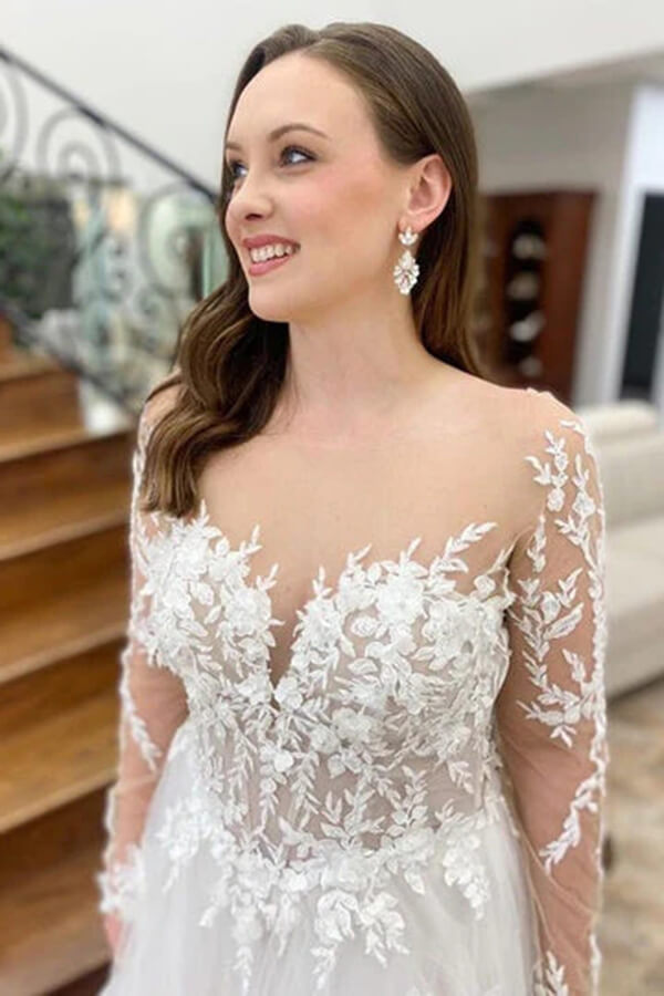 Beautiful Tulle A-line Long Sleeves Wedding Dresses With Lace Appliques, MW823 | lace wedding dresses | vintage wedding dresses | wedding dresses near me | musebridals.com