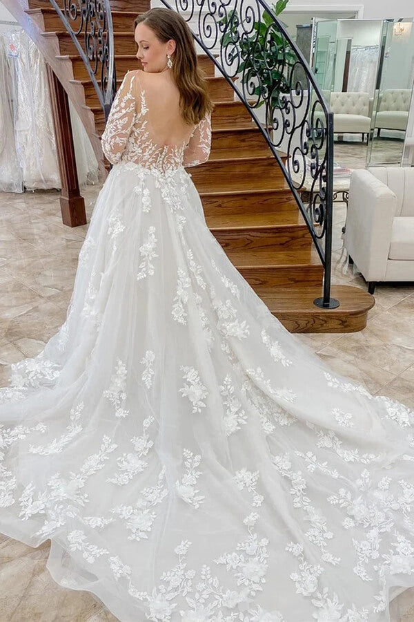 Beautiful Tulle A-line Long Sleeves Wedding Dresses With Lace Appliques, MW823 | cheap lace wedding dresses | long sleeves wedding dress | bridal gown | musebridals.com