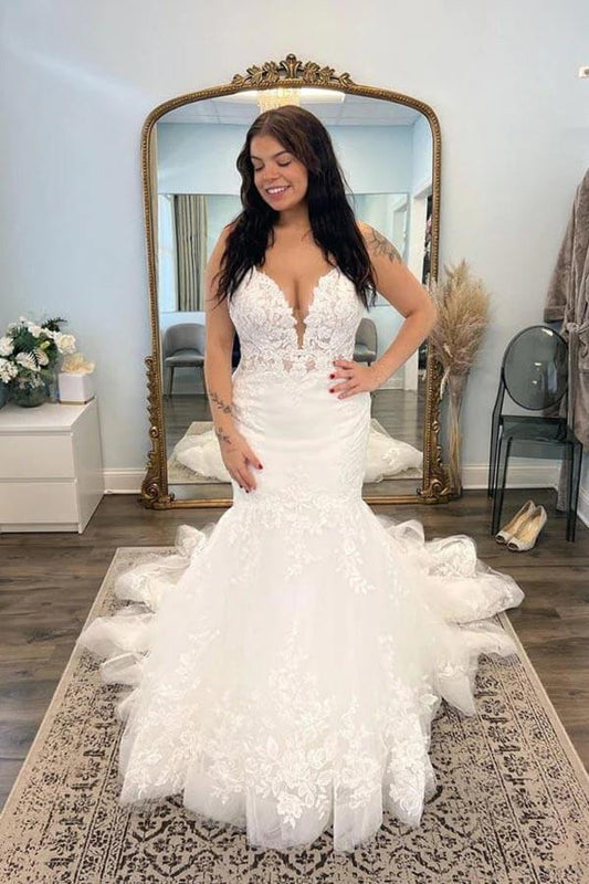 Beautiful Tulle Mermaid V-neck Lace Appliques Wedding Dresses, Bridal Gowns, MW887 | cheap lace wedding dress | lace wedding gown | wedding dress stores | musebridals.com