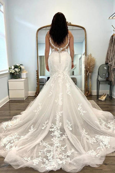 Beautiful Tulle Mermaid V-neck Lace Appliques Wedding Dresses, Bridal Gowns, MW887 | Summer wedding dresses | beach wedding dress | vintage wedding dress | musebridals.com