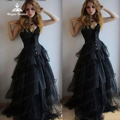 Black Organza With Lace Applique Sweetheart Sleeveles A Line Wedding Dress Customize Tiered Ruched Bridal Gown robe de mariée