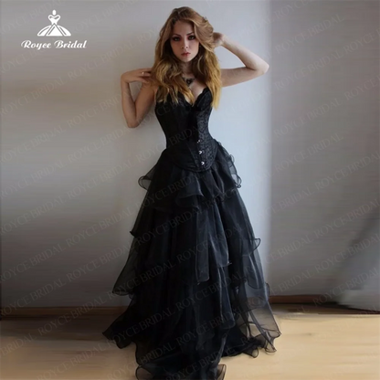 Black Organza With Lace Applique Sweetheart Sleeveles A Line Wedding Dress Customize Tiered Ruched Bridal Gown robe de mariée