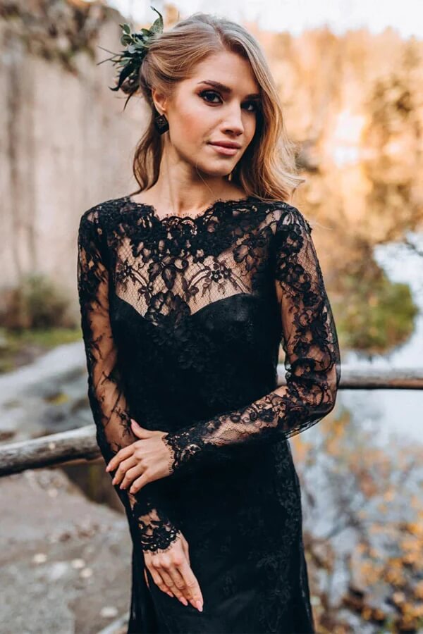 Black Sheath Sweetheart Long Sleeves Lace Wedding Dresses, Bridal Gown, MW997 | black wedding dress | beach wedding dress | lace wedding dress | musebridals.com