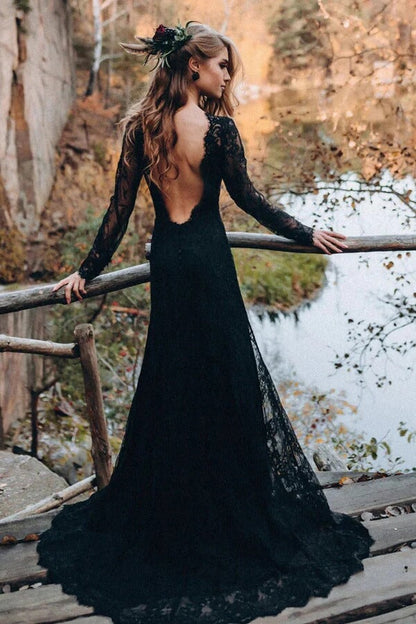 Black Sheath Sweetheart Long Sleeves Lace Wedding Dresses, Bridal Gown, MW997 | open back wedding dress | long sleeves wedding dress | cheap lace wedding dress | musebridals.com