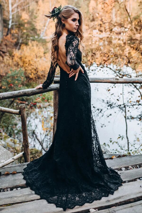 Black Sheath Sweetheart Long Sleeves Lace Wedding Dresses, Bridal Gown, MW997 | wedding dress shops | vintage wedding dress | bohemian wedding dress | musebridals.com