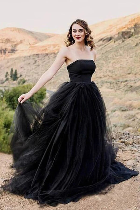 Black Tulle A-line Strapless Wedding Dresses With Train, Bridal Gown, MW996 | black wedding dress | simple wedding dress | beach wedding dress | musebridals.com