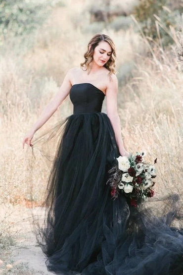 Black Tulle A-line Strapless Wedding Dresses With Train, Bridal Gown, MW996 | a line wedding dress | tulle wedding dress | outdoor wedding dress | musebridals.com