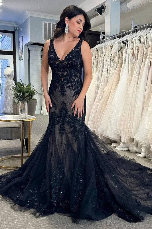 Black Tulle Sheath V-neck Lace Appliques Wedding Dresses, Bridal Gown, MW978 | black lace wedding dress | cheap lace wedding dress | wedding gown | musebridals.com