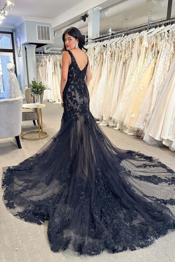 Black Tulle Sheath V-neck Lace Appliques Wedding Dresses, Bridal Gown, MW978 | bohemian wedding dress | wedding dress stores | wedding dresses near me | musebridals.com