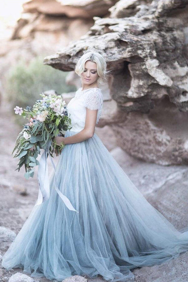 Blue Tulle Lace Top A-line Short Sleeves Wedding Dresses, Bridal Gown, MW628 | lace wedding dress | white wedding dress | beach wedding dresses | www.musebridals.com