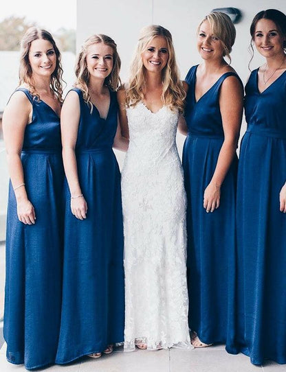 Roycebridal A Line Long Chiffon Blue Bridesmaid Dresses Sleeveless Backless