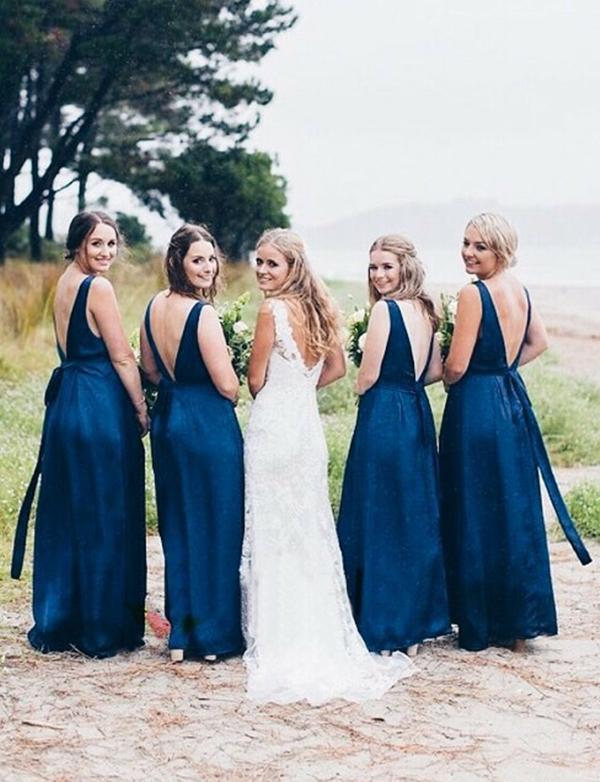 Roycebridal A Line Long Chiffon Blue Bridesmaid Dresses Sleeveless Backless