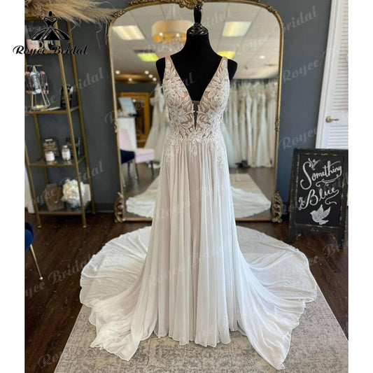 Roycebridal BRIDE,BRIDE EXPLORE All Wedding Dresses,BRIDE EXPLORE Custom Wedding Dresses 👗,BRIDE EXPLORE Plus SizeBlush Pink Beach A-line Wedding Dress V Neck Lace Appliques Chiffon Sleeveless Court Train Wedding Gown Button Robe De Mariée