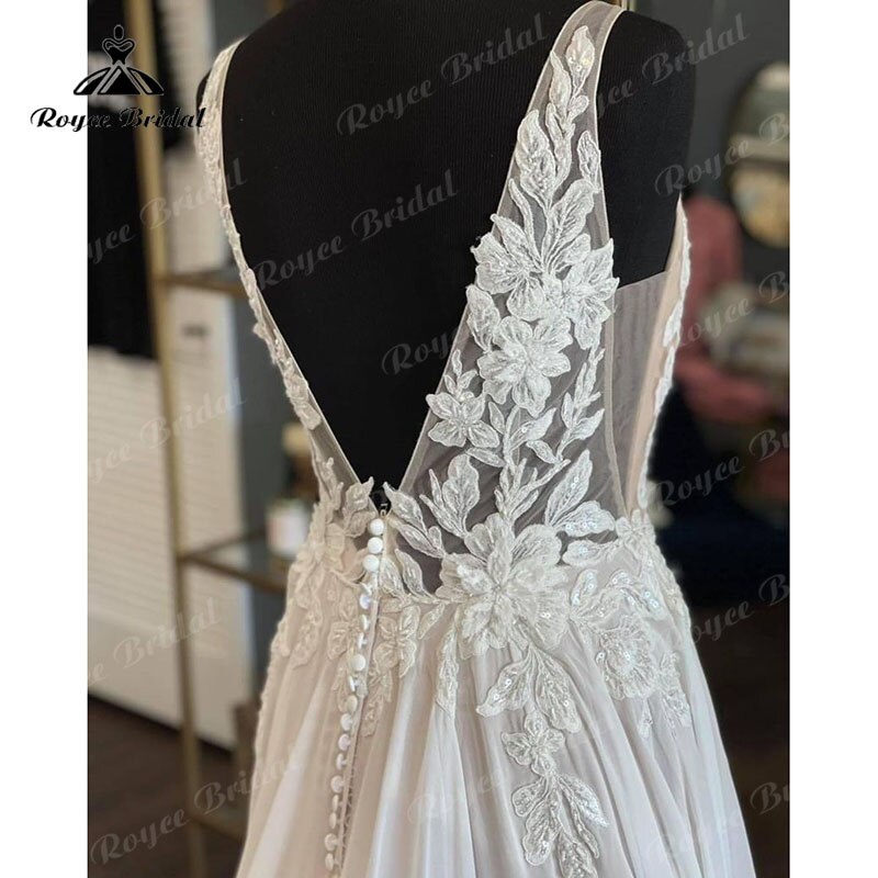 Roycebridal BRIDE,BRIDE EXPLORE All Wedding Dresses,BRIDE EXPLORE Custom Wedding Dresses 👗,BRIDE EXPLORE Plus SizeBlush Pink Beach A-line Wedding Dress V Neck Lace Appliques Chiffon Sleeveless Court Train Wedding Gown Button Robe De Mariée