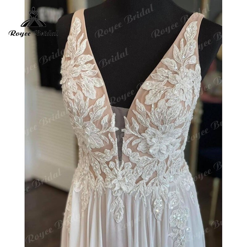 Roycebridal Blush Pink Beach A-line Wedding Dress V Neck Lace Appliques Chiffon Sleeveless Court Train Wedding Gown Button Robe De Mariée