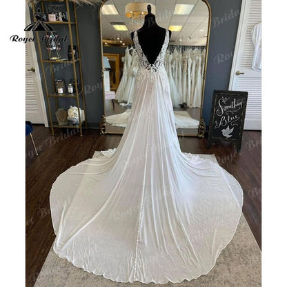 Roycebridal BRIDE,BRIDE EXPLORE All Wedding Dresses,BRIDE EXPLORE Custom Wedding Dresses 👗,BRIDE EXPLORE Plus SizeBlush Pink Beach A-line Wedding Dress V Neck Lace Appliques Chiffon Sleeveless Court Train Wedding Gown Button Robe De Mariée