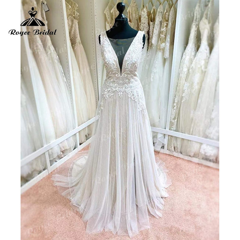 Roycebridal BRIDE,BRIDE EXPLORE All Wedding Dresses,BRIDE EXPLORE Custom Wedding Dresses 👗,BRIDE EXPLORE Plus SizeBlush Pink Wedding Dress Tank V Neck Lace Applique Sleeveless Split Side Shiny Wedding Gowns vestido de novia de tul Bridal Gown