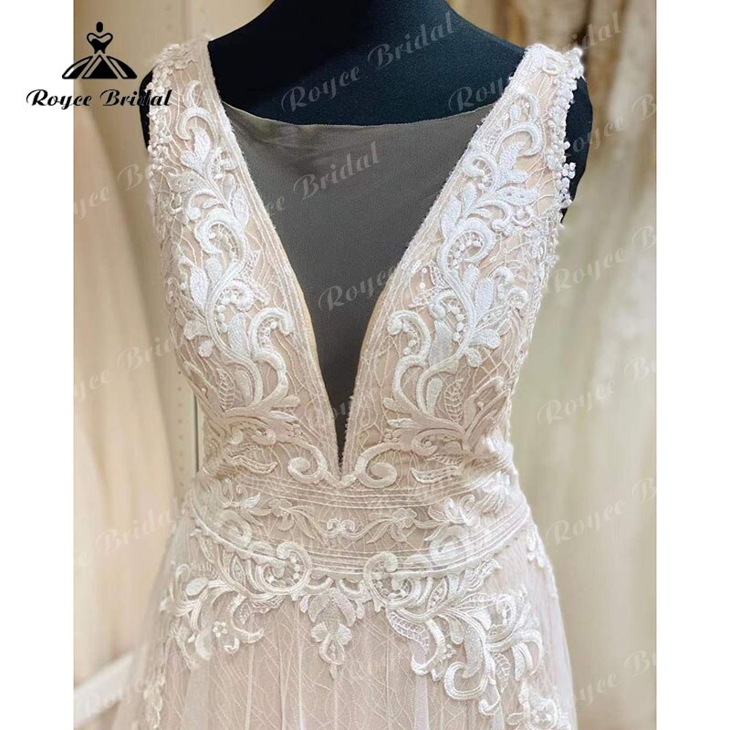 Roycebridal BRIDE,BRIDE EXPLORE All Wedding Dresses,BRIDE EXPLORE Custom Wedding Dresses 👗,BRIDE EXPLORE Plus SizeBlush Pink Wedding Dress Tank V Neck Lace Applique Sleeveless Split Side Shiny Wedding Gowns vestido de novia de tul Bridal Gown