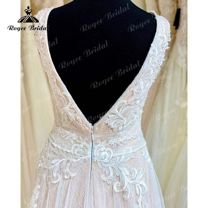 Roycebridal BRIDE,BRIDE EXPLORE All Wedding Dresses,BRIDE EXPLORE Custom Wedding Dresses 👗,BRIDE EXPLORE Plus SizeBlush Pink Wedding Dress Tank V Neck Lace Applique Sleeveless Split Side Shiny Wedding Gowns vestido de novia de tul Bridal Gown