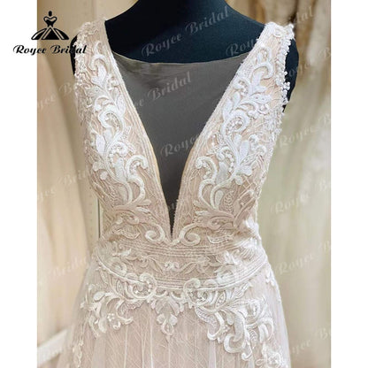 Roycebridal Blush Pink Wedding Dress Tank V Neck Lace Applique Sleeveless Split Side Shiny Wedding Gowns vestido de novia de tul Bridal Gown