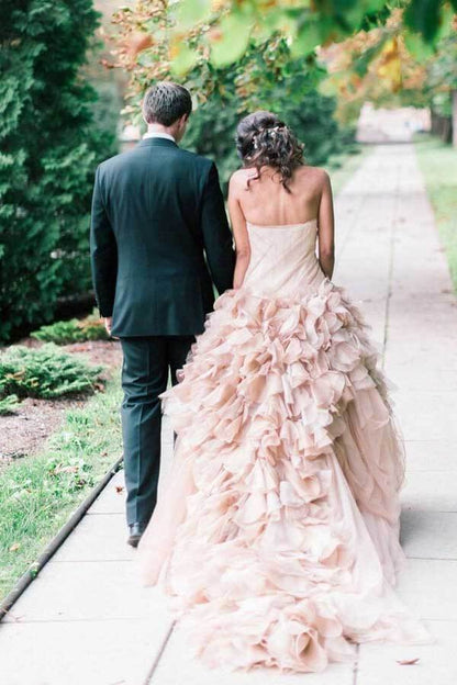 Blush Ball Gown Organza Ruffles Strapless Wedding Dresses, Bridal Gown, MW769 | pink wedding dresses | ruffles wedding dresses | wedding dresses near me | musebridals.com