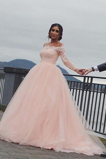 Blush Pink A-line Off Shoulder Long Sleeves Wedding Dress, Bridal Gown, MW959 | bridal gown | wedding dress stores | wedding dresses near me | musebridals.com