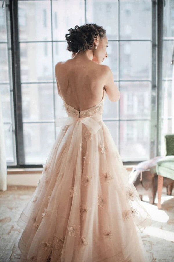 Blush Pink A-line Sweetheart Floral Backless Wedding Dress, Bridal Gowns, MW761 | pink wedding dresses | vintage wedding dresses | cheap wedding dresses | musebridals.com