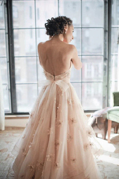 Blush Pink A-line Sweetheart Floral Backless Wedding Dress, Bridal Gowns, MW761 | pink wedding dresses | vintage wedding dresses | cheap wedding dresses | musebridals.com