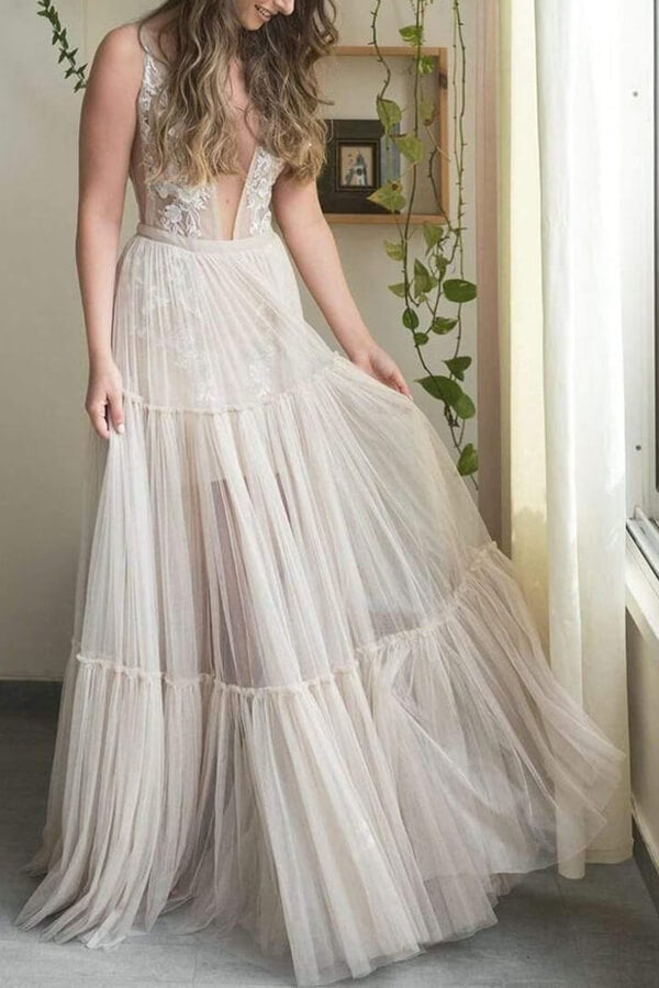 Bohemain Tulle Wedding Dress, A-line V-neck Appliqued Bridal Gown, MW635 | cheap wedding dresses | cheap lace wedding dress | bridal outfit | wedding dress near me | www.musebridals.com