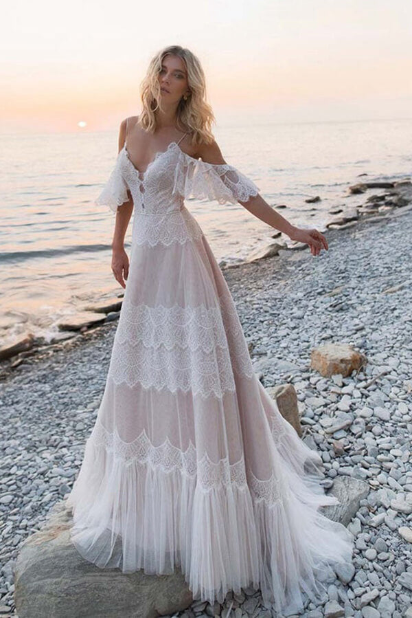 Bohemia Tulle Lace Off-the-Shoulder Beach Wedding Dresses, Bridal Gown, MW687 | tulle wedding dresses | a line wedding dresses | beach wedding dresses | www.musebridals.com